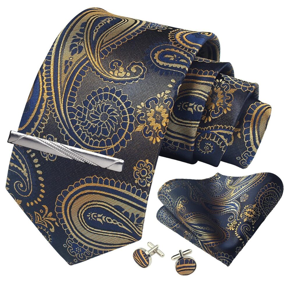 2858 Paisley Black Gold Tie Formal Necktie Pocket Squares Ties Clips